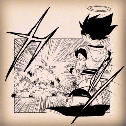 2boys 2others antennae bald belt border building clenched_hand cloud commentary_request dougi dragon_ball dragonball_z emphasis_lines faceless facing_away fenyon from_behind fusion_dance glasses hair_blowing halo martial_arts_belt metamoran_vest monochrome multiple_boys multiple_others north_kaiou outside_border pants pointy_ears shirt shoes signature son_goku sunglasses tree wristband