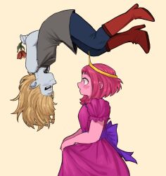 2girls :o adventure_time bare_shoulders black_pants blue_bow blush boots bow brown_boots brown_dress colored_skin cosplay dress flower from_side green_skin hair_ornament high_heel_boots high_heels highres holding holding_flower lia_(miauiz) marceline_abadeer marceline_abadeer_(cosplay) multiple_girls pants pink_dress pink_skin pointy_ears princess_bonnibel_bubblegum princess_bonnibel_bubblegum_(cosplay) profile puffy_short_sleeves puffy_sleeves red_flower short_sleeves simple_background smile