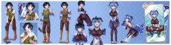 1boy 1girl absurdres ahoge arm_behind_head ass bell black_hair blue_gloves blue_hair blush boots breasts brown_boots brown_eyes brown_pants card cowbell elisabetlis ganyu_(genshin_impact) genderswap genderswap_(mtf) genshin_impact gloves green_vest high_heels highres horns large_breasts long_hair multicolored_hair musical_note open_mouth original pants pink_eyes sequential shirt spread_legs surprised torn_clothes transformation transforming_clothes turn_pale two-tone_hair vest white_shirt