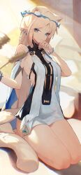 1girl absurdres bare_shoulders black_dress blonde_hair blue_eyes breasts cartethyia_(wuthering_waves) commentary crown_of_thorns dress earrings highres jewelry kuuro_(kuuroart) long_hair looking_at_viewer medium_breasts pointy_ears seiza sidelocks sitting solo tabard thighs white_tabard wuthering_waves
