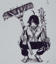 1boy alcohol araragi_koyomi bandaged_arm bandages barefoot baseball_bat cigarette collarbone fence jewelry kaz_(mate_cocido) kizumonogatari monochrome monogatari_(series) necklace nipples one_eye_covered peace_symbol short_hair sketch slavic_clothes solo squatting toned toned_male topless_male vampire vodka white_background wooden_fence