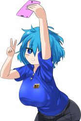 1girl best_buy black_pants blue_eyes blue_hair blue_shirt breasts commentary_request cookie_(touhou) cowboy_shot employee_uniform empty_eyes grin hair_between_eyes highres kawashiro_nitori kofji_(cookie) large_breasts lets0020 long_bangs messy_hair pants selfie shirt short_hair short_sleeves simple_background smile solo touhou transparent_background v