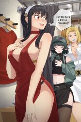 3girls absurdres animal_ears baseball_cap black_hair black_panties black_skirt black_thighhighs blonde_hair blue_eyes blue_lips breasts changing_room clothes_hanger commentary crop_top crossover dress earrings emma_frost english_commentary english_text evening_gown eyewear_on_head green_eyes hat highres holding holding_phone indoors jane_doe_(zenless_zone_zero) jewelry large_breasts lipstick long_hair makeup marvel midriff mouse_ears mouse_girl multiple_girls navel open_mouth panties phone rappa_(sirrappa) red_dress red_eyes red_sweater short_dress short_hair sideboob skirt speech_bubble spy_x_family sunglasses sweater thighhighs underwear unworn_sweater white_dress x-men yor_briar zenless_zone_zero
