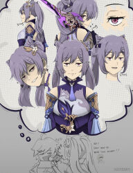 Rule 34 | 1boy, 2girls, = =, absurdres, aether (genshin impact), ahoge, bar censor, bare shoulders, braid, censored, censored identity, close-up, commentary, cone hair bun, detached sleeves, double bun, dress, english commentary, english text, genshin impact, grin, hair bun, hair ornament, half-closed eyes, heart, highres, imagining, keqing (genshin impact), long hair, looking at another, looking at viewer, looking to the side, motion blur, multiple girls, multiple views, nerozero, over shoulder, parody, purple eyes, purple hair, side ponytail, single braid, slapping, smile, sousou no frieren, speech bubble, style parody, sword, sword over shoulder, thought bubble, twintails, ubel (sousou no frieren), weapon, weapon over shoulder