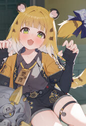 1girl :d absurdres animal_ears black_shorts blonde_hair bow claw_pose elbow_gloves fangs fingerless_gloves gloves green_eyes highres hu_wei_(zenless_zone_zero) jacket ju_fufu long_hair open_clothes open_jacket open_mouth shorts sitting smile solo tail tail_bow tail_ornament thigh_strap tiger_ears tiger_tail toki_(1243309499) white_hair yellow_jacket zenless_zone_zero