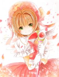 1990s_(style) 1girl bad_id bad_pixiv_id brown_hair cardcaptor_sakura child dress female_focus fuuin_no_tsue gloves green_eyes hat ichitaro kinomoto_sakura kinomoto_sakura_(magician) magical_girl pink_hat retro_artstyle short_hair solo white_gloves