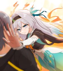 1boy 1girl aqua_dress black_jacket caelus_(honkai:_star_rail) collared_dress cropped_jacket detached_sleeves doodlinganytime dress fire firefly_(honkai:_star_rail) frilled_sleeves frills gradient_eyes gradient_hair green_pupils grey_hair hair_between_eyes hair_intakes hair_ornament hairband highres honkai:_star_rail honkai_(series) jacket kabedon long_hair long_sleeves multicolored_eyes multicolored_hair neckerchief orange_neckerchief trailblazer_(honkai:_star_rail) two-tone_eyes white_sleeves