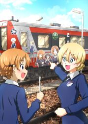 +_+ 2girls :d akiyama_yukari black_necktie blonde_hair blue_eyes blue_sky blue_sweater braid commentary darjeeling_(girls_und_panzer) day dress_shirt emblem girls_und_panzer highres holding lamppost long_sleeves looking_at_another meta multiple_girls necktie nishizumi_miho omachi_(slabco) ooarai_(emblem) open_mouth orange_pekoe_(girls_und_panzer) outdoors pointing railroad_tracks reizei_mako romaji_text school_uniform shirt short_hair sky smile st._gloriana&#039;s_(emblem) st._gloriana&#039;s_school_uniform standing sweater takebe_saori train translated twin_braids v-neck white_shirt wing_collar