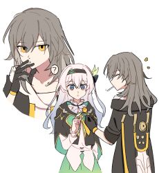 Rule 34 | 2girls, ?, aqua dress, beibc eee, black gloves, black hairband, black jacket, candy, closed eyes, collar, collared dress, cropped jacket, dress, firefly (honkai: star rail), food, frilled sleeves, frills, gloves, green pupils, grey hair, hair between eyes, hair intakes, hair ornament, hair ribbon, hairband, highres, honkai: star rail, honkai (series), jacket, lollipop, long sleeves, multiple girls, neckerchief, open clothes, open jacket, orange neckerchief, ribbon, simple background, stelle (honkai: star rail), trailblazer (honkai: star rail), white background, white collar, white sleeves