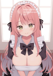 1girl apron black_bow black_bowtie black_dress blunt_bangs blush bow bowtie breasts cleavage closed_mouth dress frilled_apron frills green_eyes highres indoors large_breasts long_hair looking_at_viewer maid maid_apron maid_headdress original pink_hair smile solo uramakaron v_arms white_apron