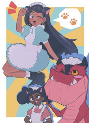 1boy 2girls alternate_costume animification belt black_hair boots casey_calderon devil_dinosaur dinosaur dress earrings english_text full_body goggles helmet highres hoop_earrings jewelry long_hair lunella_lafayette maid_headdress moon_girl_and_devil_dinosaur multiple_girls nanase_(trfok1) one_eye_closed short_hair solo tan very_long_hair