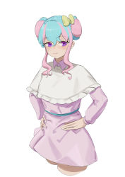 Rule 34 | 1girl, aikatsu! (series), aikatsu stars!, bad id, bad twitter id, blue hair, bow, capelet, cephalopod eyes, closed mouth, collared dress, cowboy shot, cropped legs, double bun, donut hair bun, dress, eyelashes, hair bow, hair bun, hanazono kirara, highres, horizontal pupils, long sleeves, looking at viewer, merri mack, multicolored hair, pink dress, pink hair, purple eyes, sash, sidelocks, simple background, smile, solo, standing, two-tone hair, white background, white capelet, wing collar
