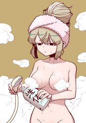 1girl araga_kiwi bathing black_eyes blonde_hair bottle breasts convenient_censoring cowboy_shot foam hair_bun highres holding holding_bottle holding_shower_head large_breasts mahou_shoujo_ni_akogarete nude official_art ononaka_akihiro shower_head showering solo