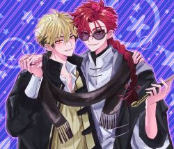 2boys alternate_costume black_hair black_jacket black_scarf blonde_hair blue_background braid braided_ponytail chinese_clothes collared_shirt ear_piercing earrings fang grin hair_between_eyes hair_ribbon hand_on_another&#039;s_shoulder holding holding_hands holding_smoking_pipe jacket jewelry long_hair long_sleeves looking_at_viewer male_focus multicolored_hair multiple_boys piercing pomp0727 red_hair red_ribbon ribbon ring scarf shared_clothes shared_scarf shiguang_dailiren shirt short_hair single_braid smile smoking_pipe star_(symbol) sunglasses sweater twitter_username two-tone_hair upper_body watermark white_shirt xia_fei xiao_weiying yaoi yellow_eyes yellow_sweater