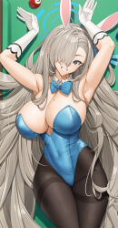 Rule 34 | 1girl, animal ears, armpits, arms up, asuna (blue archive), asuna (bunny) (blue archive), ball, billiard ball, black pantyhose, blue archive, blue bow, blue bowtie, blue eyes, blue leotard, bow, bowtie, breasts, collar, covered navel, cowboy shot, dakimakura (medium), detached collar, fake animal ears, gloves, grey hair, hair over one eye, halo, highres, large breasts, leotard, lying, mole, mole on breast, on back, on table, open mouth, pantyhose, playboy bunny, pool table, rabbit ears, rabbit pose, solo, table, thighband pantyhose, tony guisado, white collar, white gloves
