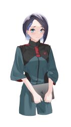 1girl arasaka_inu asticassia_school_uniform black_hair blue_bodysuit blue_eyes blue_hair bodysuit closed_mouth collared_bodysuit colored_inner_hair commentary crest cropped_legs eyelashes furrowed_brow gundam gundam_suisei_no_majo high_collar highres holding holding_tablet_pc light_blush long_sleeves looking_at_viewer multicolored_hair nervous nika_nanaura school_uniform short_hair simple_background sleeves_past_fingers sleeves_past_wrists solo tablet_pc two-sided_sleeves white_background zipper zipper_pull_tab