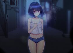 1girl alley arm_behind_back black_hair blush breasts camisole cutoffs denim denim_shorts gluteal_fold hand_on_own_chest midriff moyashi_shimo8 navel nipples original outdoors purple_eyes see-through_camisole see-through_clothes short_hair short_shorts shorts small_breasts solo sweat thigh_gap thighs white_camisole