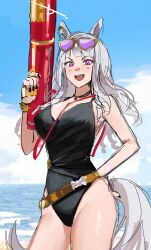 absurdres animal_ears black_one-piece_swimsuit casual_one-piece_swimsuit choripan eyewear_on_head gold_ship_(run_revolt_launcher)_(umamusume) gold_ship_(umamusume) highres holding holding_water_gun horse_ears horse_girl horse_tail official_alternate_costume one-piece_swimsuit purple-tinted_eyewear sunglasses swimsuit tail tinted_eyewear umamusume water_gun yellow-framed_eyewear