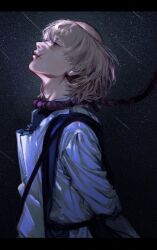 1boy arms_behind_back badeni blonde_hair chi.:_chikyuu_no_undou_ni_tsuite cowboy_shot from_side gorigoriuhoho3 half-closed_eyes looking_up male_focus medium_hair monk night night_sky noose scar scar_on_face scar_on_mouth scar_on_nose shooting_star sky solo spoilers star_(sky) starry_sky tonsure tunic white_tunic