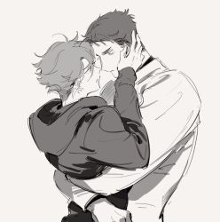 2boys arms_around_waist chinese_commentary closed_mouth commentary_request facial_hair fandangyu grey_background greyscale haikyuu!! hand_on_another&#039;s_face highres hood hood_down hoodie long_sleeves male_focus monochrome multiple_boys oikawa_tooru_(haikyuu!!) open_mouth parted_bangs short_hair sideburns_stubble simple_background sketch stubble upper_body ushijima_wakatoshi yaoi