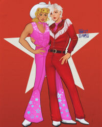 2boys albino alternate_costume ascot barbie_(character) barbie_(franchise) barbie_(live_action) belt blonde_hair cosplay cowboy_hat earrings giorno_giovanna hat highres jewelry jojo_no_kimyou_na_bouken male_focus marzimars multiple_boys pannacotta_fugo pants red_eyes short_hair smile stereotypical_barbie_(live_action) stereotypical_barbie_(live_action)_(cosplay) vento_aureo victory_rolls white_hair
