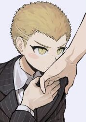 Rule 34 | 1boy, 1other, ambiguous gender, black jacket, black necktie, blonde hair, blush stickers, casssstle12, closed mouth, collared shirt, commentary, commentary request, danganronpa (series), danganronpa 2: goodbye despair, formal clothes, freckles, grey shirt, hand grab, jacket, kiss, kissing hand, kuzuryu fuyuhiko, looking up, male focus, mole, mole under mouth, necktie, out of frame, pinstripe jacket, pinstripe pattern, pinstripe suit, shirt, short hair, simple background, spiked hair, striped clothes, striped jacket, suit, suit jacket, sweatdrop, white background, yellow eyes