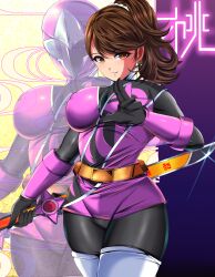 1girl bodysuit brown_eyes brown_hair highres holding holding_sword holding_weapon momochi_kasumi pin_up shuriken_sentai_ninninger solo super_sentai sword u308auff5eu3075 weapon