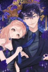 1boy 1girl black_dress black_ribbon black_suit blue_lock couple crossed_arms dress formal_clothes half_up_hair highres holding_necktie jewelry karasu_tabito m15391599 necklace orange_eyes orange_hair parted_bangs pearl_necklace ribbon suit
