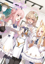 @_@ absurdres animal_ears bikini black_bikini black_neckerchief black_pantyhose blonde_hair blue_archive blue_bow blue_bowtie blush bow bowtie breasts brown_hair capelet clothes_hanger commentary_request detached_sleeves donut_hair_bun dress dutch_angle embarrassed flower fox_ears gold_bikini hair_bun hair_flower hair_ornament halo highres holding holding_clothes_hanger indoors kokukyukeo long_hair mannequin medium_breasts mika_(blue_archive) nagisa_(blue_archive) neckerchief nose_blush pantyhose pink_hair scrunchie seia_(blue_archive) shopping single_side_bun straight_hair sweatdrop swimsuit tea_party_(blue_archive) very_long_hair white_capelet white_dress white_pantyhose wrist_scrunchie