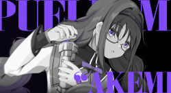 1girl akemi_homura akemi_homura_(magical_girl) black_background bomb bow bowtie braid character_name collared_capelet commentary copyright_name dress english_commentary explosive eyelashes fingernails glasses greyscale hairband high_collar highres holding holding_bomb layered_sleeves long_hair long_sleeves looking_at_viewer low_twin_braids magical_girl mahou_shoujo_madoka_magica mahou_shoujo_madoka_magica_(anime) mindscape_cinema_(zenless_zone_zero) monochrome parody parted_lips pipe_bomb purple_bow purple_bowtie purple_eyes schuschuschultz shield sidelocks simple_background solo spot_color studded_hairband surprised teeth twin_braids two-tone_capelet upper_body very_long_hair zenless_zone_zero