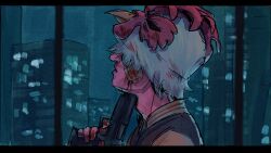 bird black_vest blood blood_on_clothes blood_on_face blood_on_hands chicken city_lights cityscape covered_eyes dark from_side gun gun_to_chin gun_to_head highres holding holding_gun holding_weapon hotline_miami jacket_(hotline_miami) letterboxed light_frown mask neo_jpeg night rooster vest weapon window