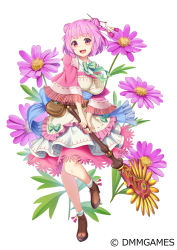 1girl :d bag bow bowtie brachyscome_(flower_knight_girl) brown_bag brown_shoes capelet company_name double_bun dress female_focus flower flower_knight_girl frills full_body green_bow hair_bun hair_ornament hair_stick highres holding holding_weapon layered_dress looking_at_viewer name_connection ninnzinn object_namesake official_art open_mouth pink_capelet pink_hair red_eyes shoes short_hair simple_background smile solo standing weapon white_background