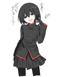 Rule 34 | 1other, :d, arm at side, artist name, black eyes, black gloves, black hair, black jacket, black panties, black skirt, bob cut, commentary, cropped legs, empty eyes, gakuran, gloves, hair between eyes, half-closed eyes, hand up, head tilt, initial, jacket, long sleeves, looking at viewer, mandarin collar, manimani (mani ma), monogatari (series), naoetsu high school uniform, open mouth, oshino ougi, pale skin, panties, pleated skirt, red trim, school uniform, short hair, signature, simple background, skirt, smile, solo, spread fingers, standing, straight-on, symbol-only commentary, translated, two-sided fabric, underwear, white background