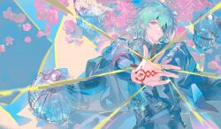 1boy absurdres anaxa_(honkai:_star_rail) aqua_hair birdcage black_jacket blue_eyes cage closed_mouth eyepatch highres honkai:_star_rail honkai_(series) jacket male_focus medium_hair one_eye_covered pink_pupils red_tattoo side_ponytail solo twitter_username upper_body whisper_(suisuibingtang)