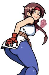 Rule 34 | 1girl, bend, bent over, braid, braided ponytail, breasts, brown eyes, brown hair, dougi, drawbuster, female focus, from behind, hairband, karate gi, large breasts, leggings, long hair, looking back, pale skin, pants, ponytail, skirt, smile, smiley face, spandex, the king of fighters, thighs, yoga pants, yuri sakazaki