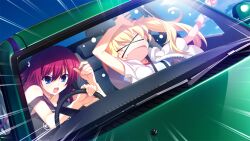 2girls :o arms_up black_shirt blonde_hair blue_eyes breasts car driving fang fumio_(ura_fmo) game_cg grisaia_(series) grisaia_no_rakuen hair_between_eyes jacket long_hair matsushima_michiru motion_lines motor_vehicle multiple_girls non-web_source off_shoulder official_art open_clothes open_jacket open_mouth red_hair scrunchie seatbelt shirt short_sleeves sitting steering_wheel suou_amane t-shirt teeth twintails upper_teeth_only watanabe_akio white_jacket white_scrunchie white_shirt windshield wrist_scrunchie x_eye zipper