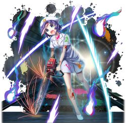 1girl alternate_costume alternate_headwear bare_arms bare_legs beret blue_eyes breasts chainsaw cleavage collarbone collared_dress dress full_body game_cg hat hat_ornament highres holding holding_chainsaw legs lens_flare looking_at_viewer miyako_yoshika miyako_yoshika_(chainsaw_nurse) nurse nurse_cap official_art ofuda ofuda_on_head open_mouth paint_stains purple_hair railroad_tracks rotte_(1109) sharp_teeth shoes short_hair short_sleeves solo sparks stain stained_clothes star_(symbol) star_hat_ornament teeth thighs third-party_source touhou touhou_lostword transparent_background white_dress white_hat white_shoes