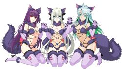3girls animal_ears bikini blue_eyes blue_hair boots breasts cat_ears colored_inner_hair commentary_request cosplay fate/grand_order fate_(series) fur-trimmed_boots fur-trimmed_gloves fur-trimmed_legwear fur_bikini fur_collar fur_trim gloves green_eyes green_hair halloween_costume highres kneeling kukulkan_(fate) lace lace-trimmed_legwear lace_trim large_breasts long_hair looking_at_viewer mash_kyrielight mash_kyrielight_(dangerous_beast) mash_kyrielight_(dangerous_beast)_(cosplay) morgan_le_fay_(fate) multicolored_hair multiple_girls navel o-ring o-ring_top paw_pose purple_bikini purple_boots purple_gloves purple_hair purple_tail red_eyes revealing_clothes scathach_(fate) scathach_skadi_(fate) simple_background stomach swimsuit thighs two-tone_hair type_x white_background white_hair
