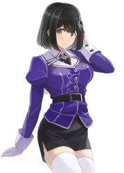 1girl belt black_hair black_skirt blush breasts brown_eyes cowboy_shot gloves haguro_(kancolle) haguro_kai_ni_(kancolle) hair_ornament jacket kantai_collection large_breasts long_hair long_sleeves looking_at_viewer military military_uniform open_mouth purple_jacket short_hair skirt smile solo thighhighs tomoyo_kai white_background white_gloves white_thighhighs