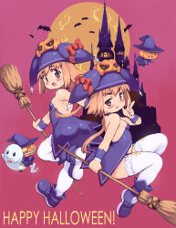 2girls brown_hair chocolat_queen full_body halloween highres looking_at_viewer marron_queen multiple_girls open_mouth original siblings smile tagme twins v yu_3
