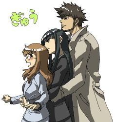 bad_id bad_pixiv_id black_hair blush brown_hair coat darker_than_black formal_clothes glasses hazuki_mina_(darker_than_black) hug hug_from_behind long_hair lowres monogusare necktie open_mouth sawasaki_youko shizume_genma standing suit