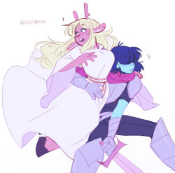 ! 1girl 1other animal_ears antlers arm_around_waist armor black_eyes blonde_hair blue_skin breasts buck_teeth cape colored_skin commentary cropped_legs deer_ears deer_girl deer_tail deltarune english_commentary floating_hair full_body furry furry_female gauntlets greaves highres holding holding_sword holding_weapon hooves horns jewelry jxitrash kris_(dark_world)_(deltarune) kris_(deltarune) large_breasts leotard long_hair long_sleeves medium_hair noelle_holiday noelle_holiday_(dark_world) notice_lines pink_cape ring robe shaded_face signature simple_background sketch surprised sword tail teeth upper_teeth_only very_long_sleeves weapon white_background white_robe wide_sleeves