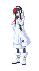 1girl absurdres black_gloves black_hair black_pantyhose black_shoes boots closed_mouth coat dubugimchi earmuffs fate/grand_order fate_(series) full_body fur_trim gloves hair_over_one_eye highres korean_commentary long_hair long_sleeves looking_at_viewer oda_nobunaga_(fate) oda_nobunaga_(koha-ace) pantyhose red_eyes shoes simple_background smile solo white_background white_coat