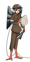 1girl :o absurdres animal_feet animal_hands bird bird_legs bird_wings black_eyes breast_pocket brown_jacket brown_pants claws collared_jacket colored_sclera ear_piercing feathered_wings full_body green_headwear grey_hair grey_wings half-harpy hand_up helmet highres holding holding_map jacket long_sleeves looking_at_object map military_uniform monster_girl multicolored_hair neck_fur open_mouth orange_scales orange_sclera original pants piercing pigeon pocket purple_hair pzkpfwi scales short_hair simple_background solo standing streaked_hair undercut very_short_hair white_background wings