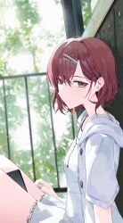 1girl absurdres brown_eyes brown_hair closed_mouth denim denim_shorts eimizzzzz from_side hair_between_eyes hair_ornament hairclip highres higuchi_madoka hood hoodie idolmaster idolmaster_shiny_colors looking_at_viewer mole mole_under_eye multiple_necklaces nail_polish parallel_hairclips shirt short_hair shorts single_sidelock sitting solo tree white_shirt window