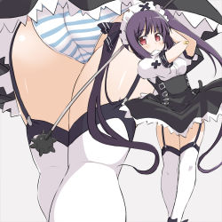 1girl arms_up ass bandaid bandaid_on_arm black_dress black_hair blush breasts close-up dress from_behind garter_straps golf_club highres kooh long_hair maid_headdress miniskirt mtu_virus multiple_views naitou_kouse pangya panties purple_hair red_eyes ribbon shirt short_sleeves skirt striped_clothes striped_panties thighhighs thighs twintails underwear very_long_hair white_shirt white_thighhighs wind wind_lift