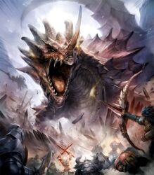 armor arms_up artist_request battle bow capcom destruction fantasy giant giant_monster horns lao-shan_lung_(monster_hunter) monster monster_hunter_(series) multiple_boys outdoors source_request sword weapon