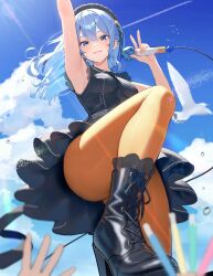 1girl 2others armpits beret bird black_boots black_dress black_hat blue_eyes blue_hair blue_sky boots closed_mouth cloud cloudy_sky day double-parted_bangs dress floating_hair foreshortening frilled_dress frills from_below glowstick hat holding holding_microphone hololive hoshimachi_suisei hoshimachi_suisei_(casual) knees_up long_hair microphone multiple_others official_alternate_costume official_alternate_hairstyle orange_pantyhose pantyhose penlight_(glowstick) sharc sky sleeveless sleeveless_dress smile sunlight sweat upskirt virtual_youtuber w white_bird