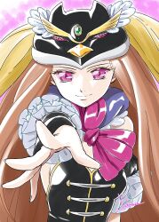 1girl animal_hat artist_name black_corset black_sleeves breasts brown_hair closed_mouth commentary corset detached_sleeves frilled_sleeves frills hat highres long_hair mawaru_penguindrum penguin_hat pink_background pink_eyes princess_of_the_crystal reaching reaching_towards_viewer scarf sideboob signature small_breasts smile solo upper_body very_long_hair yoshinaga_masahiro