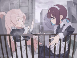 2girls 2mai84 :d ahoge alternate_costume apron blue_hair brown_hair chair cigarette closed_eyes enmaided exhaling_smoke facing_another frilled_apron frills from_side grey_sky hands_up highres holding holding_cigarette hozuki_momiji ladder long_hair long_sleeves maid maid_headdress multiple_girls on_rooftop onii-chan_wa_oshimai! open_mouth oyama_mahiro pink_hair ponytail profile railing short_hair short_ponytail sitting sky smile smoke smoking waist_apron white_apron